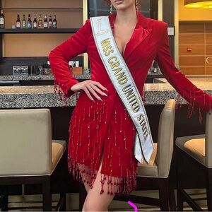 Red velvet, embellished blazer dress